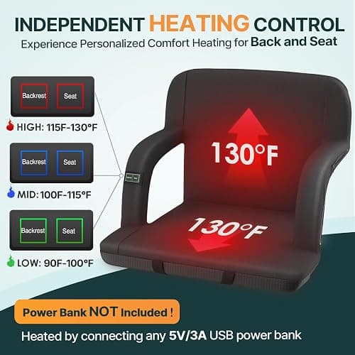 HOPERAN Dual-Sided Heated Stadium Seats for Bleachers with Back Support, 3 Levels Heating Stadium Seating for Bleachers Seat with Backrest, 5 Pockets Portable Stadium Chair for Outdoor thumbnail 3