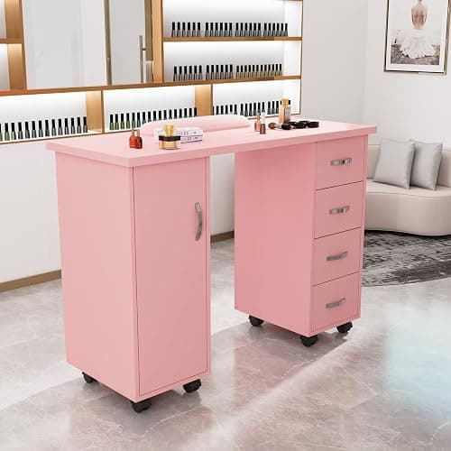 OmySalon Manicure Table Nail Desk with Cabinet, Drawers, Wheels & Wrist Rest, Spa Salon Beauty Home Wooden Technician Workstation for Nail Tech, Pink thumbnail 2