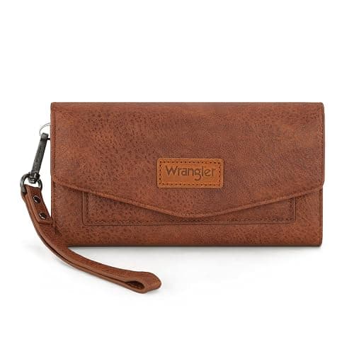Montana West X Wrangler Brown Wallet Women Rfid Large Wristlet Trifold Women's Wallets Card Cases & Money Organizers with Detachable Wrist Strap - Image 1