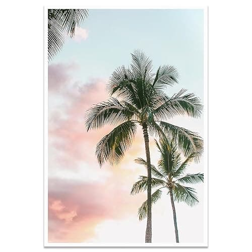 Modern Summer Beach Wall Decor Trendy Pink Blue Aesthetic Pastel Palm Tree Sunset Poster Canvas Print Nature Serene Tropical Sky Wall Art for Living Room Bedroom Office 12x16inch Unframed - Image 1