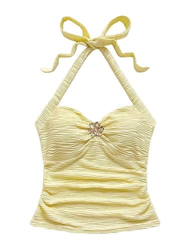 ASKHOPE Going Out Tops for Women Y2K Tops - White Halter Top V Neck Open Back Ruched Cami Metal Decor Cute Summer Top 2025 - Image 1