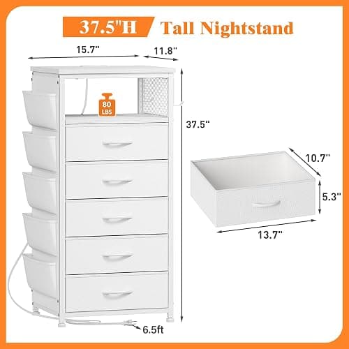EnHomee Tall Night Stand Set 2 with 5 Drawers, LED Nightstand with Ports & Outlets, White Dresser with Extra Side Bag & Storage Shelf & Hooks, Bedroom, Dorm, Closet thumbnail 3