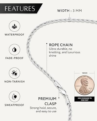 RTZN® Gold Rope Chain for Men – 3mm Mens Rope Chain – Premium Stainless Steel Necklace for Men & Boys – Non-Tarnish & Waterproof Black, Silver, Gold Mens Chain Necklaces – 18/20/22/24/26" Inches thumbnail 4