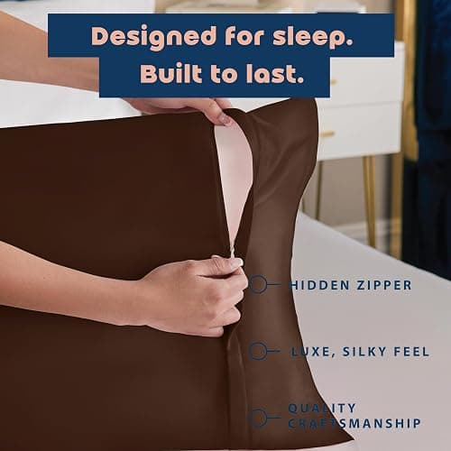 BLISSFORD Brown Satin Pillowcase with Zipper, for Hair and Skin Care, Feels Soft and Cool Like a Silk Pillowcase, Satin Pillow Cases 2 Pack, Slik Pillow Cover, Standard Size, Set of 2 thumbnail 4