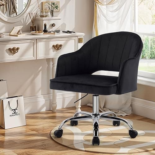 MOJAY Modern Vanity Chair with Wheels, Mid-Back Cutout Velvet Home Office Chair, Swivel Height-Adjustable Soft Seat Cute Desk Chair with Arm Support (Midnight Black) - Image 1