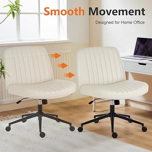 Elevon Criss Cross Chair with Wheels, Cross Legged Office Chair Armless Wide Desk Chair with Dual-Purpose Base, Adjustable Swivel Fabric Task Vanity Home Office Desk Chair, Leather Beige - Leather Beige thumbnail 8