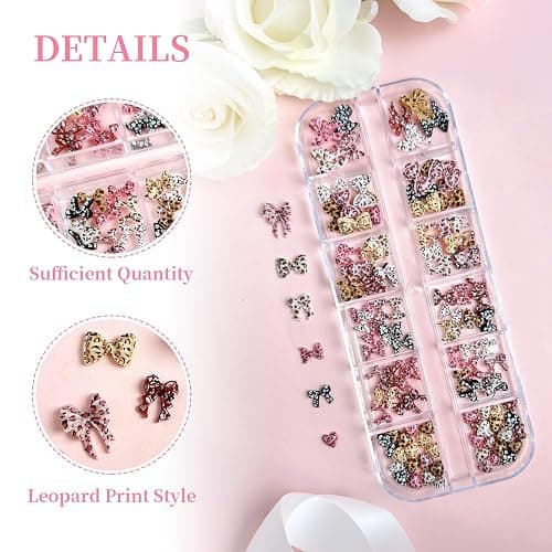 Dermalyx 12 Fächer Box Nageldekoration, Leopard Schleifen Y2K Resin Nail Art DIY Zubehör, Hotfix Strasssteine, Kristalle für Nägel, Rhinestones Set mit Applikator thumbnail 4