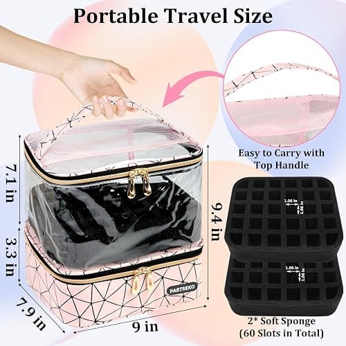 Partreko Clear Nail Polish Organizer Holds 60 Bottles (15ml/0.5fl.oz)& Nail Lamp, Double Layer Nail Supplies Organizer Case Transplant, PU Leather Nail kit Storage Bag for Manicure Tools (Pink) thumbnail 5