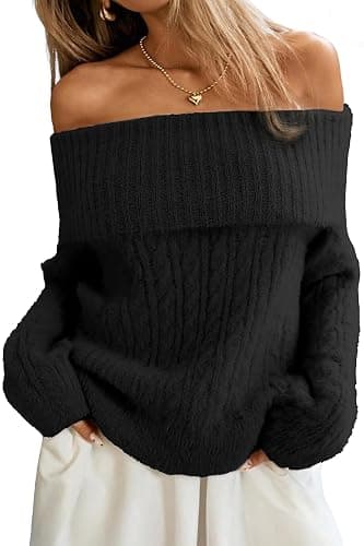 ELLEVEN Women’s Off Shoulder Cable Knit Sweater, Soft Oversized Pullover for Casual Fall Winter Outfits - Image 1