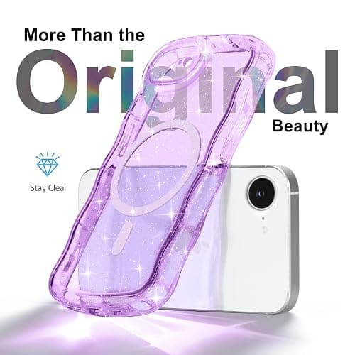 Pepmune Magnetic for iPhone 17e/16e Case Clear, Sparkly Bling Glitter Cute Curly Wave Transparent Cover for Women Girls Compatible with MagSafe TPU Shockproof Phone Case for iPhone 16e/17e, Purple thumbnail 3