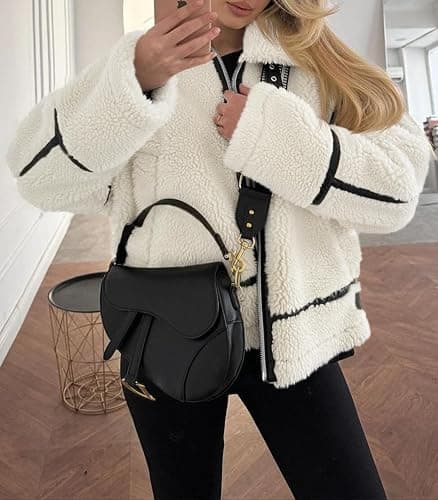 Tankaneo Womens Faux Fur Jackets Winter Trendy Sherpa Moto Leather Patchwork Zip Up Coat thumbnail 3