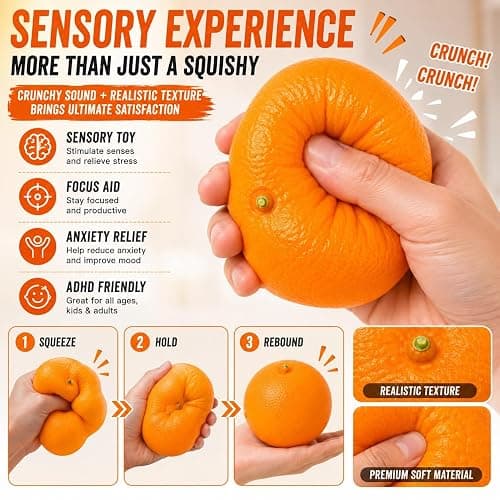 Crunchy Orange Squishy,Realistic Fruit Squeeze Stress Ball,Fast Rebound Scented Simulation Fruit Fidget Toy for Adults,Loud Crunching Sensory Relief(1pcs) thumbnail 4