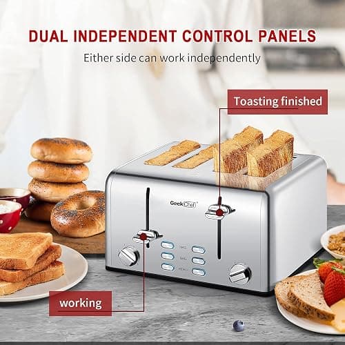 Toaster 4 Slice, Geek Chef Stainless Steel Toaster with Extra Wide Slots，4 Slot Toaster with Bagel/Defrost/Cancel Function, Dual Control Panel of 6 Toasting Bread Shade Settings, Removable Crumb Trays, High Lift Lever, ETL thumbnail 5
