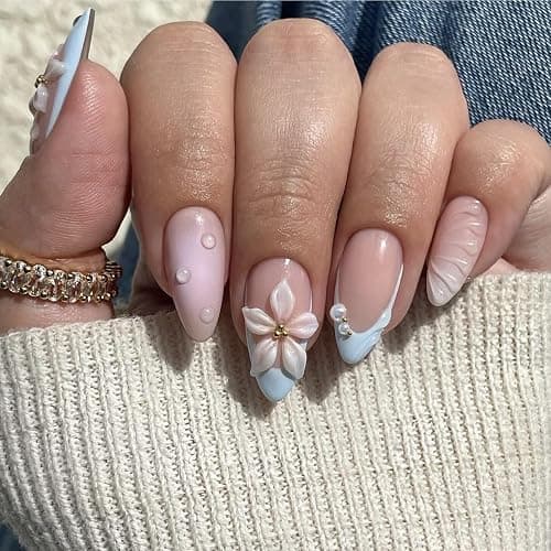 LPOODDNU Almond Flower Pearl Press on Nails - Medium 3D Fake Nails with French Tip Designs, Glossy Finished Reusable False Nails with Double Adhesive Glue Tabs - 24Pcs Nail Kit for Women Manicure thumbnail 2