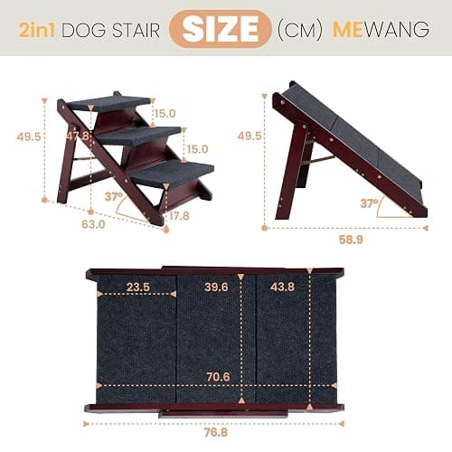 MEWANG Wooden Pet Stairs/Pet Steps - 3-in-1 Foldable Stairs & Ramp for Beds and Cars - Portable Dog/Cat Ladder Up to 220 Pounds - Great for Small and Older Animals(Brown) (24.8" L x 17.2" W x 19.5" H) thumbnail 3