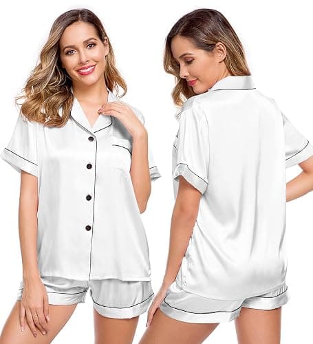 LecGee Womens Silk Satin Pajamas Short Sleeve Loungewear Two-Piece Sleepwear Button-Down Pj Set - Image 1