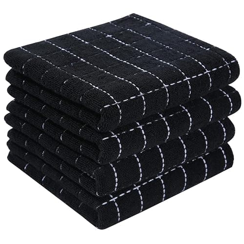 Homaxy 100% Cotton Terry Kitchen Towels(Black, 13 x 28 inches), Checkered Designed, Soft and Super Absorbent Dish Towels, 4 Pack - Image 1