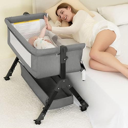 3 in 1 Baby Bassinet Bedside Sleeper, Bedside Crib for Baby, Adjustable Baby Bassinet with Wheels, Storage Basket, Mattress, Easy Assemble & Folding Portable Baby Cradle (Grey) - Grey