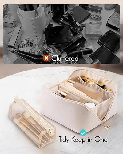 Vlando Large Capacity Travel Makeup Bag - Makeup Bag Travel Toiletry Bag for Women, PU Leather Waterproof Cosmetic Bag, Beige thumbnail 5