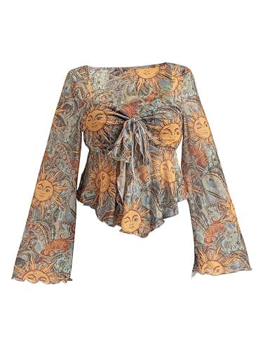 Floerns Women's Plus Size Vintage Flare Sleeve Shirts Tie Front Sweetheart Neck Hanky Hem Blouse Tops - Image 1