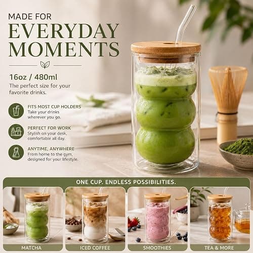 HAPPY PATH & CO. 2 Double Wall Glass Cups with Lids and Straws 16oz (480ml) - Glasses Drinking Set | Glass Tumbler with Bamboo Lid | Ribbed Bubble Glass Cups for Matcha, Coffee and Other Smoothies thumbnail 5