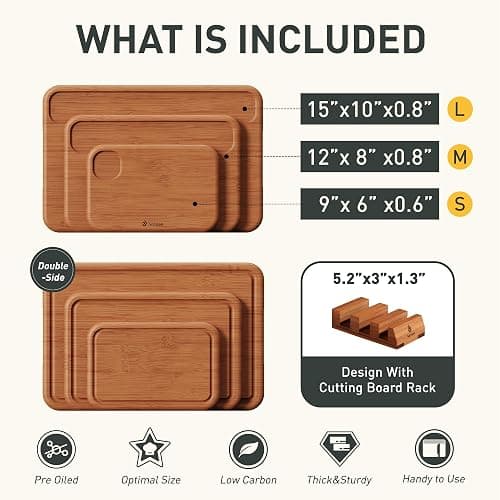 3 Packs Bamboo Cutting Board Set with Holder Nice Solid Thick Wood Deep Juice Groove & Built-in Handles Chopping Board Large Big Small Best Hardwood Kitchen Counter Organic Vegetable Meat BBQ Kit thumbnail 3