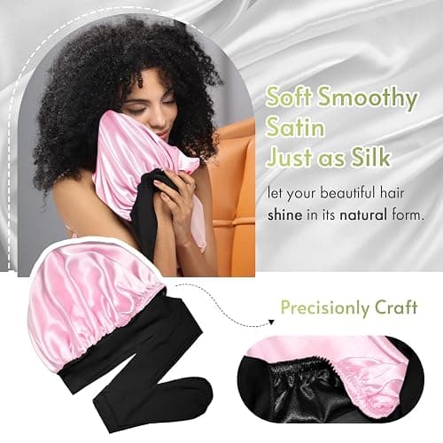 BONNET QUEEN Seidenhaube zum Schlafen mit Haarschutz für Nacht, Doppelseitige Schlafhaube Seide für Lange Haare & Locken, Verstellbare Satin Haarhaube für Damen mit Bindeband, Rosa & Schwarz thumbnail 5