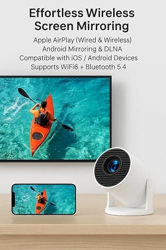 Mini Projector with WiFi 6 and Bluetooth 5.4, 4K 1080P Supported Portable Smart Projector with Air Mouse Remote, 40–200" Display, 180° Rotatable Design, Home Outdoor Movie Projector for HDMI/USB/Phone thumbnail 2