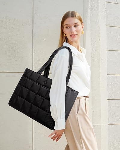LOVEVOOK Tote Bag for Women, Puffer Work Handbag 15.6 Inch Laptop Purse for Nurse Teacher, Large Quilted Travel Tote Shoulder Bag with Zipper for College Office Clinical Gym, Black thumbnail 2
