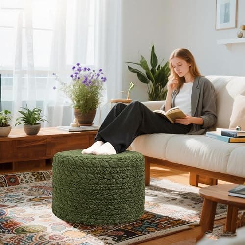 Round Pouf Ottoman 20 x 20 x 14 Inches Boho Poof Home Decor Floor Pouffe Ottoman Foot Rest for Couch Sofa Bean Bag Chairs Living Room Bedroom (Green) thumbnail 6