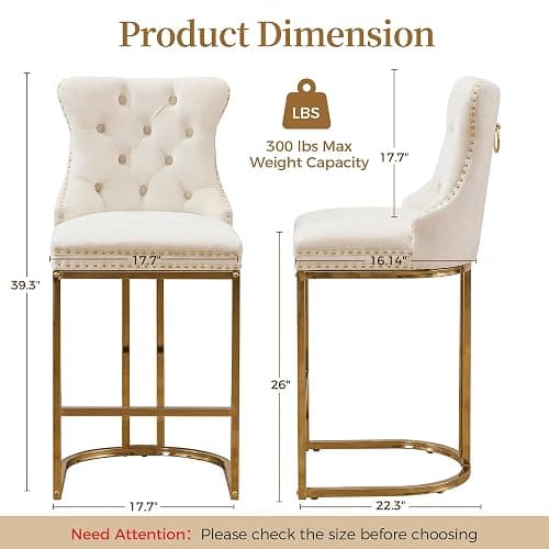 AQO Counter Height Bar Stools Set of 3 for Kitchen Island, Modern Bar Stools with Backs, 26 Inch Barstools with Upholstered Velvet Seat and Gold Legs, Beige thumbnail 2