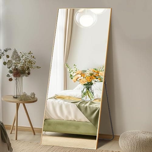 DUMOS 64"x21" Full Length Mirror with Stand, Full Body Floor Mirror | Free Standing or Wall Mount, Nano Glass Aluminum Frame, Hanging or Leaning, Modern Simple Home Decor, Gold thumbnail 3