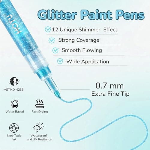 HOTU Glitter Markers Pen, 12 Glitter Colors Paint Pens Sparkly Metallic Shimmer Acrylic Marker Fine Point Tip 0.7mm Water-based Ink for Adults DIY Crafts Greeting Birthday Cards thumbnail 3