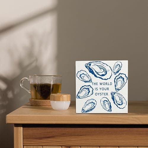 OVAcational Coastal Beach Oyster Wooden Box Sign Desk Decor, Ocean Room Decor, Nautical Oyster Shell Wood Block Sign for Beach House Bedroom Desk Table Shelf Wall Decorations, 5x5 Inch thumbnail 5