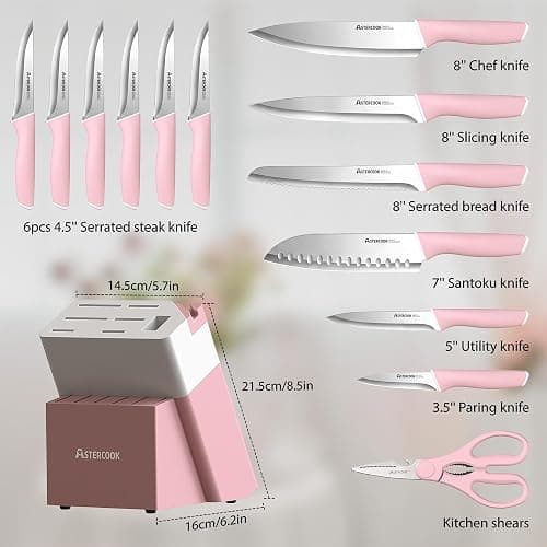 Astercook Knife Set, Kitchen Knives Set with Block and Sharpener 15 Pcs German Stainless Steel Knives Sharp Blade Dishwasher Safe Deba Knives with Ergonomic Handle, Crystal Pink thumbnail 5