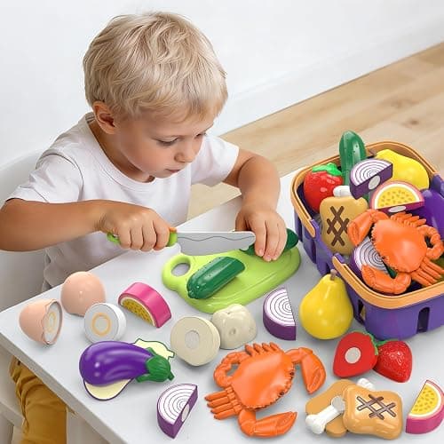 Cutting Play Food Toy with Grocery Basket, Pretend Play Kitchen Accessories | Toddler Educational Kitchen, Plastic Fake Food, Vegetables & Fruits for Kids Age 3-5, Birthday Gift for Boys Girls thumbnail 6