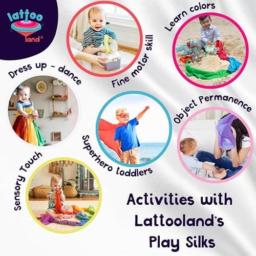 Lattooland Sensory Play Scarves – 6 Pcs | Multicolor Dance & Music Scarves for Kids | Juggling Scarves for Girls, Boys | 20" x 20" Soft Play Silks for Children | Rainbow Playsilks Babies 6 Months+ thumbnail 3