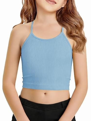 Girls Athletic Tank Tops Kids Ribbed Cross Back Spaghetti Strap Workout Crop Top Camisole 5-14 Years - Image 1