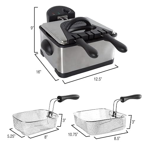 Classic Cuisine Deep Fryer, 4L Electric Oil Fryer, Silver, 16”x12.5”x9” | Stainless-Steel Cooker with 3 Baskets, Cool Touch Features, See-Through Lid and Double Odor Filter Technology thumbnail 3