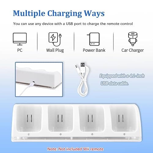 FoToxi 4-in-1 Wii Remote Charging Station with 4X 2800mAh Rechargeable Batteries & USB Charging Cord, LED Indicator Charging Dock for Wii/Wii U Controllers (Remotes Not Included) thumbnail 5