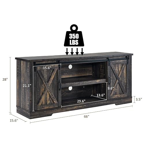 AMERLIFE 66" Farmhouse TV Stand for 75 Inches TVs, Entertainment Center with Sliding Barn Door and Adjustable Shelf & Feet, Console Table with Storage, Dark Rustic Oak thumbnail 2