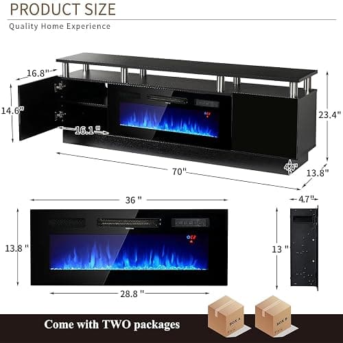 oneinmil 2 Tier TV Console Stand with 36" Electric Fireplace, LED Light Entertainment Center for TVs Up to 80" for The Living Room, 70", Black thumbnail 2