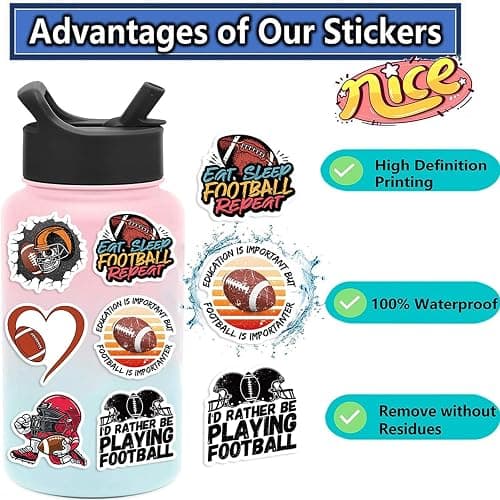 100pcs Football Stickers for Water Bottle, American Football Rugby Vinyl Waterproof Decal for Boy Teen Adult Laptop Phone Skateboard Guitar Luggage Notebook Helmet thumbnail 6