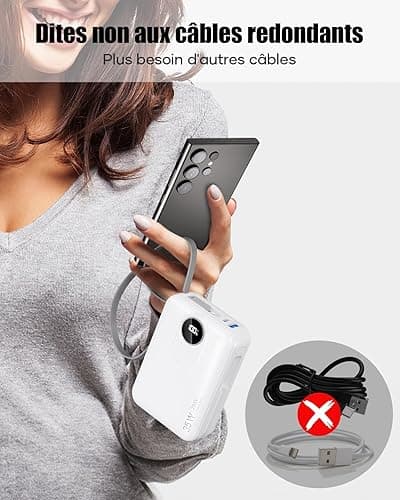 Batterie Externe 20000mAh avec Câble intégré : 35W Power Bank à Charge Rapide pour téléphone Portable, Batterie USB C (Input & Output), Chargeur Portable avec 4 Sorties et 2 entrées- Blanc - blanc thumbnail 4