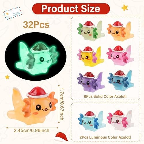 32pcs Mini Christmas Resin Axolotl, Glow in The Dark Tiny Axolotl Miniature Figures Toy Bulk Tiny Plastic Animal Figurines for Fairy Garden Landscape Aquarium Potted Birthday Christmas Party Gift thumbnail 3