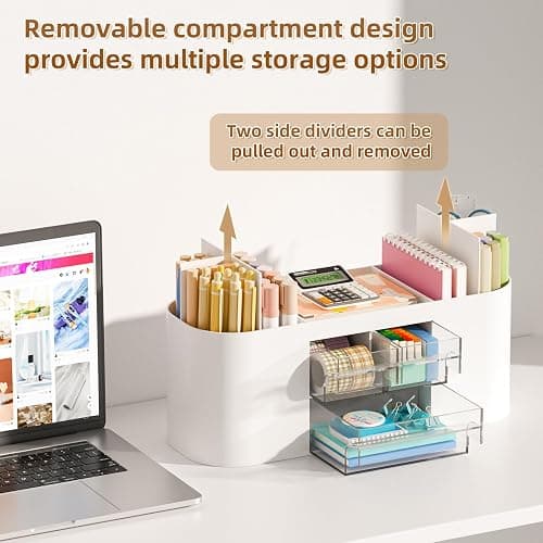 Marbrasse Desk Organizer Pen Holder for Desk with 3 Drawers, Multi-Functional Pencil Holder, Desk Organizers and Accessories with 7 Compartments for Home, School, Classroom(White) thumbnail 3