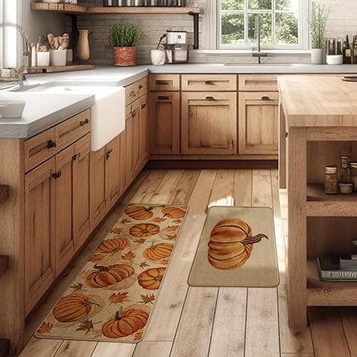 Fall Pumpkin Kitchen Mats Set of 2, Autumn Kitchen Rugs, Non-Slip Absorbent Door Mats, Seasonal Thanksgiving Home Decor Kitchen Floor Mat 17x29 and 17x47 Inch DM087 thumbnail 2