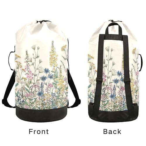 Flower Leaves Beige Laundry Bag Backpack Dirty Clothes Organizer With Strap and Handles Washable for College Travel Camp Dorm Essentials thumbnail 5