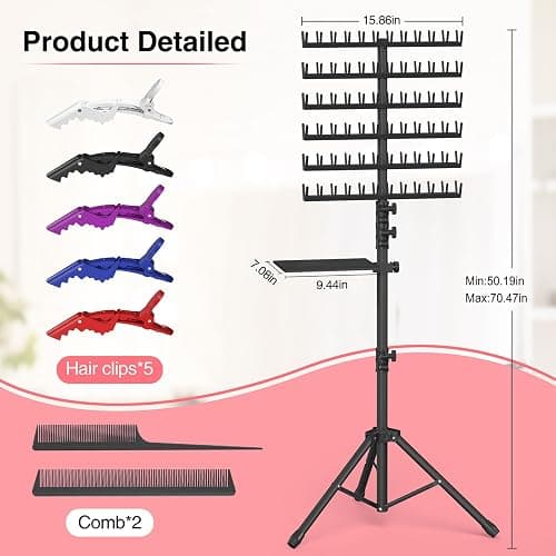 Hemndic Braiding Hair Rack with Tray, 2-sided 144 Pegs, Heavy Duty Braiding Rack Stand for Hair, Height Adjustable Standing Hair Extension Holder with Storage Bag & Braiding Accessories thumbnail 5