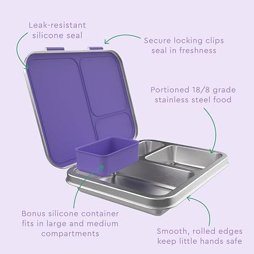 Bentgo Kids Stainless Steel Leak-Resistant Lunch Box - 3-Compartments with Bonus Silicone Container, Durable, Eco-Friendly, Dishwasher Safe, BPA-Free, Ideal for School, Ages 3+ (Purple) thumbnail 7